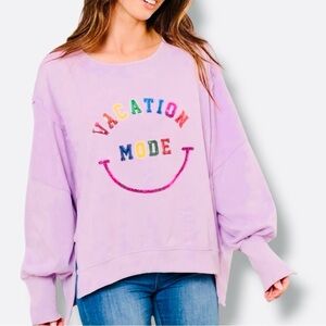 NWOT Sequined “Vacation Mode” Sz Small Oversized Lavender French Terry Top